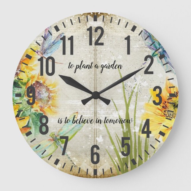 Sunflowers Dragonflies Shabby and Chic Garden Große Wanduhr (Vorderseite)