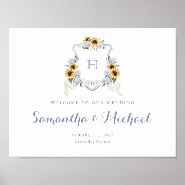 Sunflowers Dusty Blue Hydrangea Crest Affiche de b (Devant)