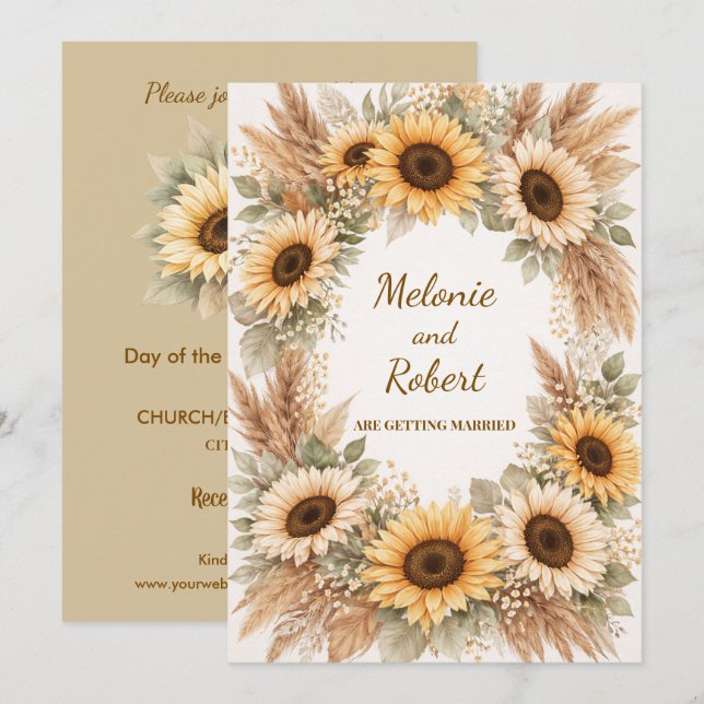 Sunflowers Earthy Boho Wedding Invitation Einladung (Vorne/Hinten)