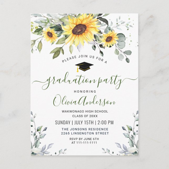 Sunflowers Eucalyptus Graduation Party Einladung Postkarte (Vorderseite)