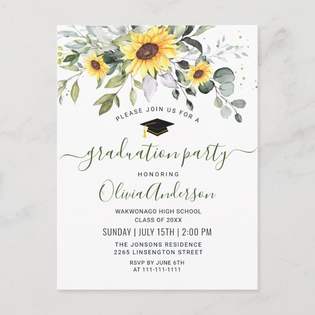 Sunflowers Eucalyptus Graduation Party Einladung Postkarte (Vorderseite)