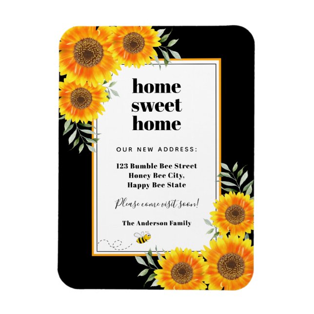 Sunflowers home sweet home black modern moving magnet (Vertikal)