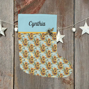 Sunflowers Honeycomb and Bees Turquoise and Gold Großer Weihnachtsstrumpf
