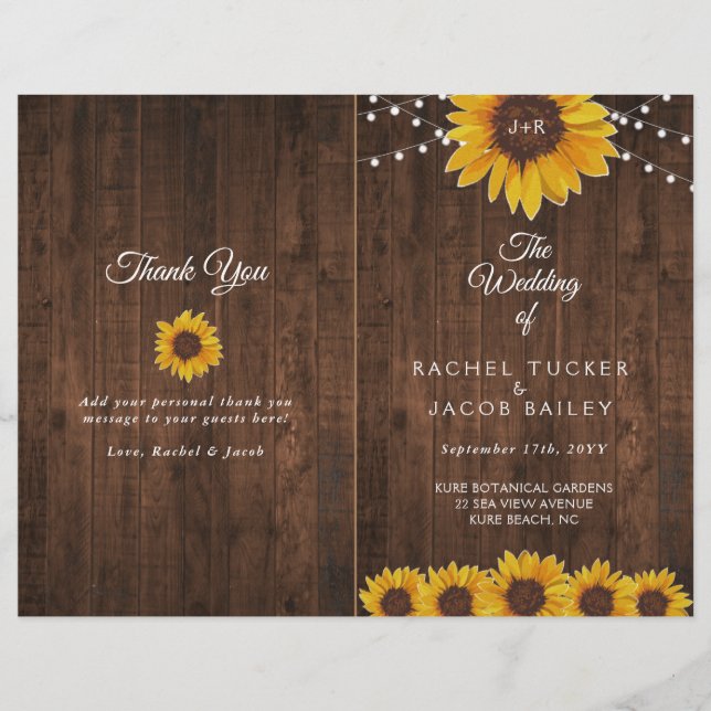 Sunflowers Lights Rustic Foled Wedding Programme (Devant)