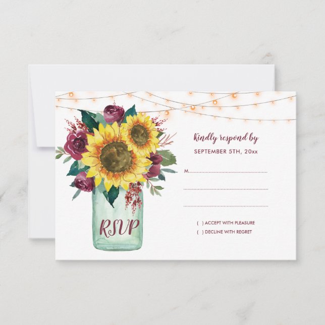 Sunflowers Mason Jar Burgundy Mariage floral RSVP (Devant)