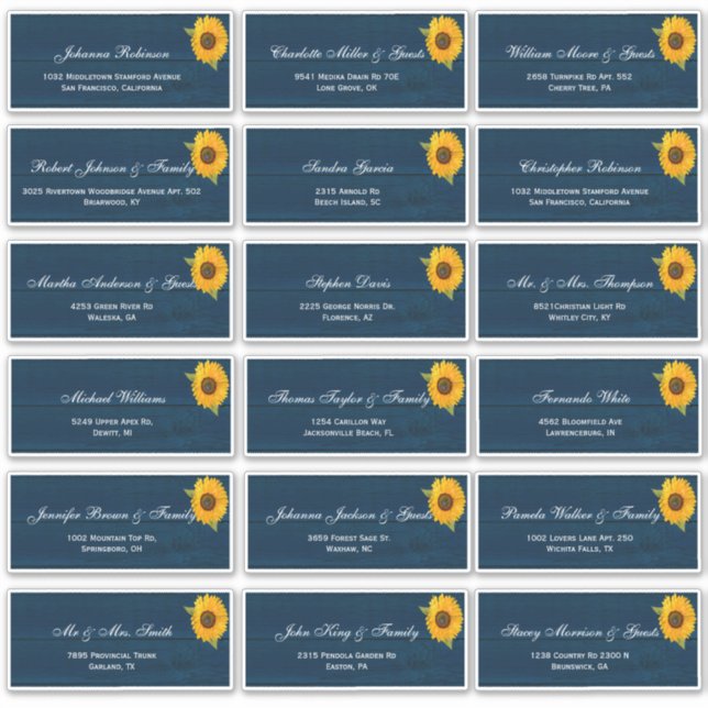 Sunflowers Navy Blue Rustic Wedding Guest Names St Aufkleber (Vorderseite)
