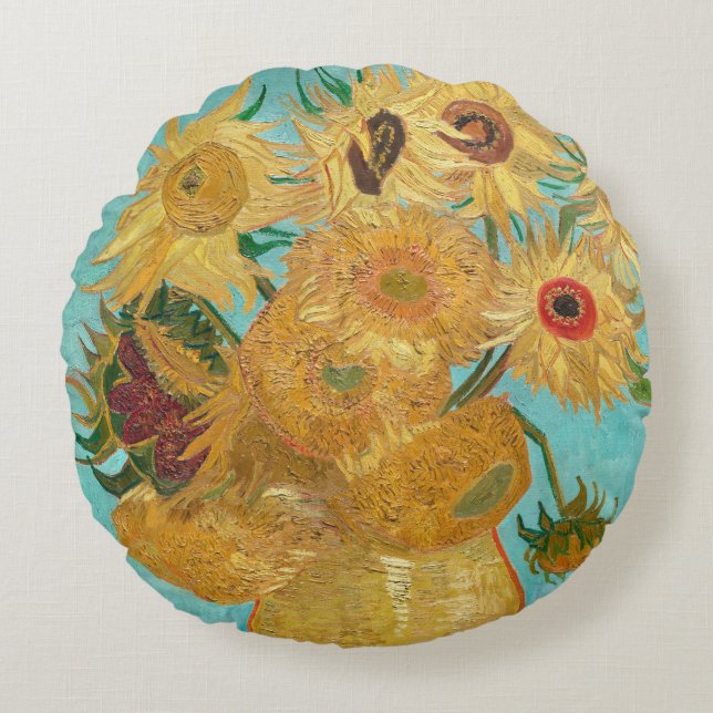 Sunflowers, Post Impressionist Still Life Painting Rundes Kissen (Vorderseite)