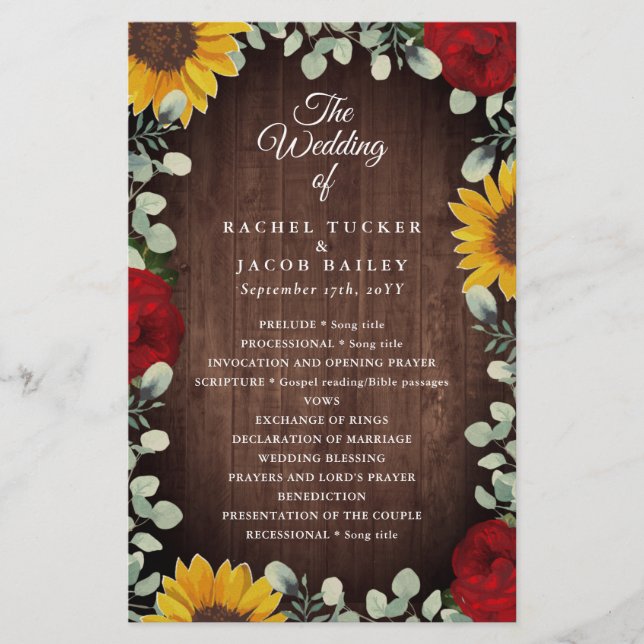 Sunflowers Red Roses Rustic Wood Wedding Programme (Devant)