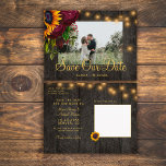 Sunflowers Roses Wood Save the Date Wedding Ankündigungspostkarte<br><div class="desc">Yellow gold sunflowers,  burgundy roses,  and strings of twinkle lights. Wir haben dark brown elegant barn wood foto save the wedding postcard.                Easy to personalize with your names and text on both sides!               Suitable for floral summer or autumn fall outdoor garden backyard rustic country or farmhouse themed weddings.</div>