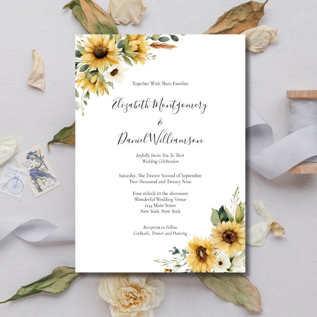 Sunflowers Rustic Farmhouse Elegant Formal Wedding Einladung (Sunflower Watercolor Florals Rustic Farmhouse Country Wedding invitation, Printed or Digital)