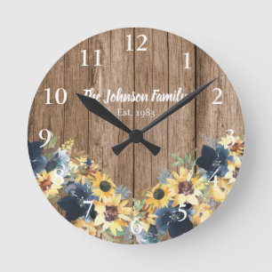 Sunflowers Rustic Wood Nom de famille Horloge de c