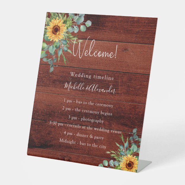 Sunflowers wood eucalyptus wedding program details sockelschild (Vorderseite)