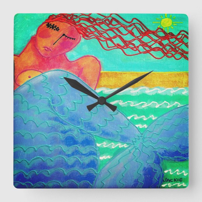 Sunlight Mermaid Abstrakte Kunst Quadratische Wanduhr (Vorderseite)
