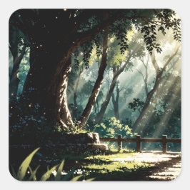 Sunlit anime forest glade quadratischer aufkleber