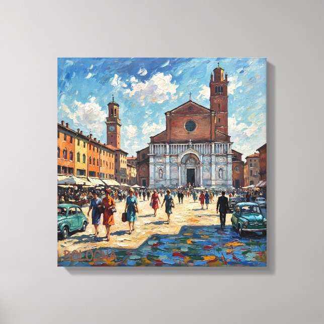 Sunlit Bologna Piazza Scene Canvas Art Leinwanddruck (Vorderseite)