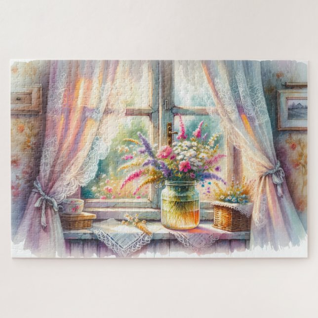 Sunlit Cottage Window Wildflowers (Horizontal)