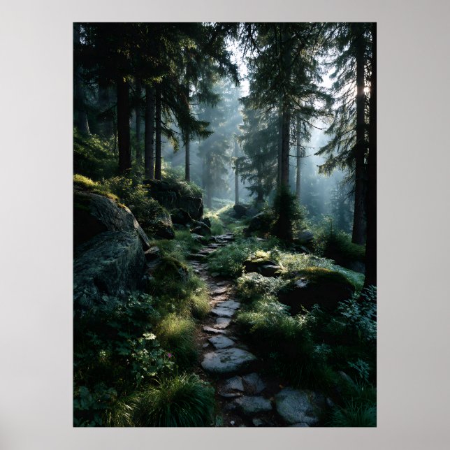 Sunlit Forest Path Through Ancient Pines Poster (Vorne)