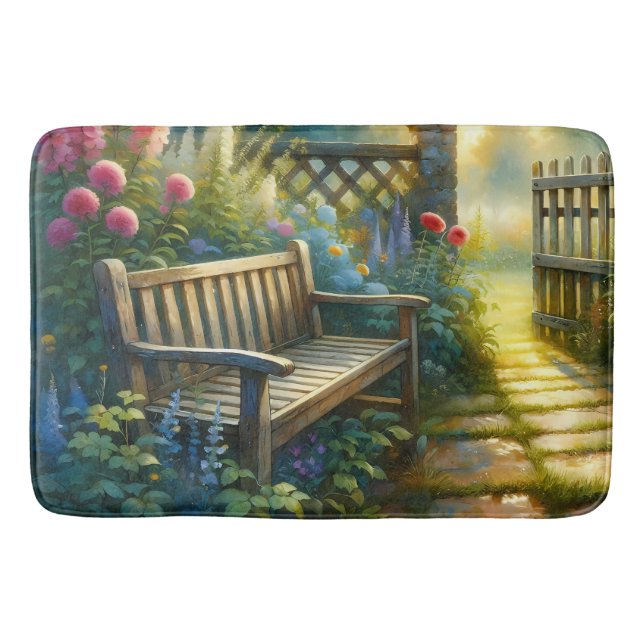 Sunlit Garden Pathway Gate Scene Badematte (Vorderseite)
