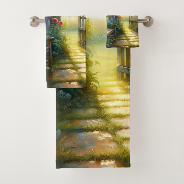 Sunlit Garden Pathway Gate Scene Badhandtuch Set (Insitu)