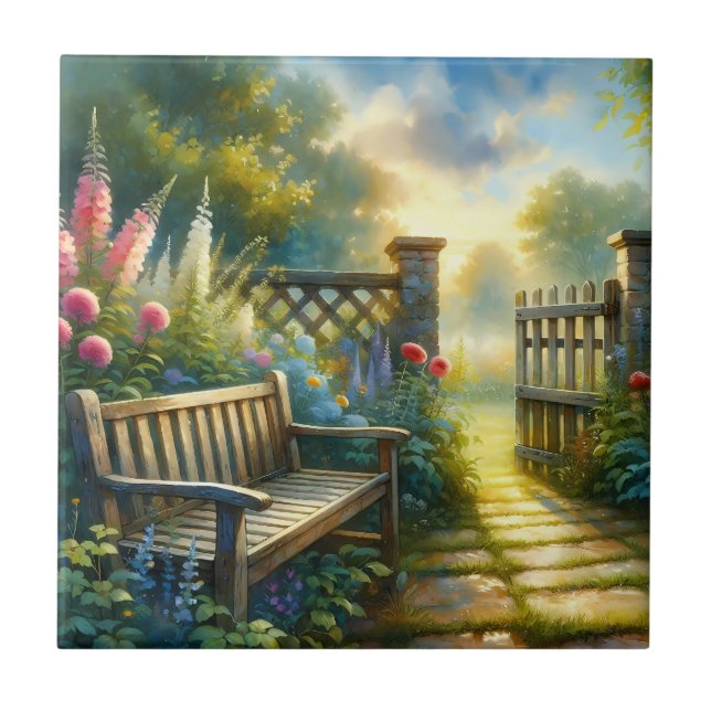 Sunlit Garden Pathway Gate Scene Fliese (Vorderseite)