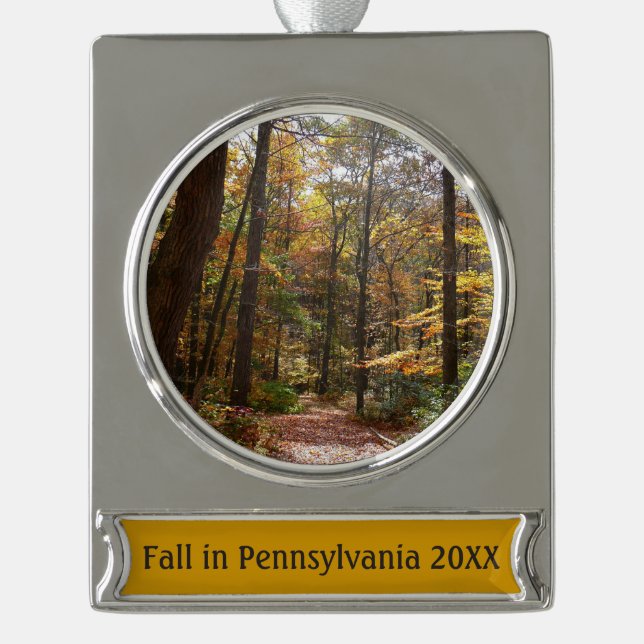 Sunlit Herbstweg im Laurel Hill Staat Park Banner-Ornament Silber (Vorderseite)