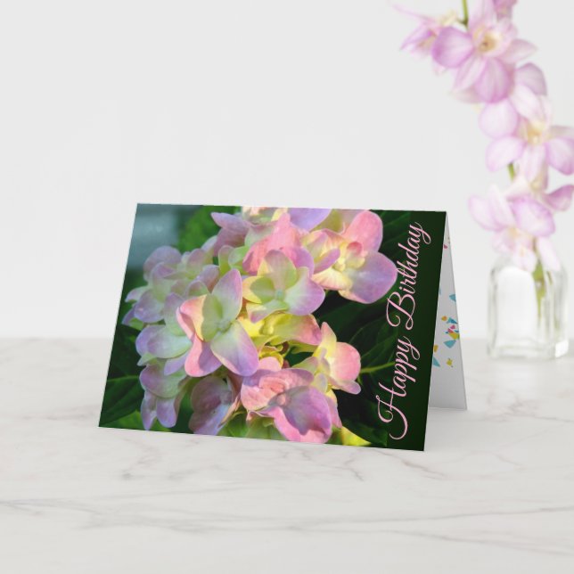 Sunlit Pink Hydrangea Happy Birthday Card Karte (Orchidee)
