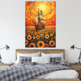  Sunlit Sunflower Sea - Whimsical Sailing Ship Fan Leinwanddruck