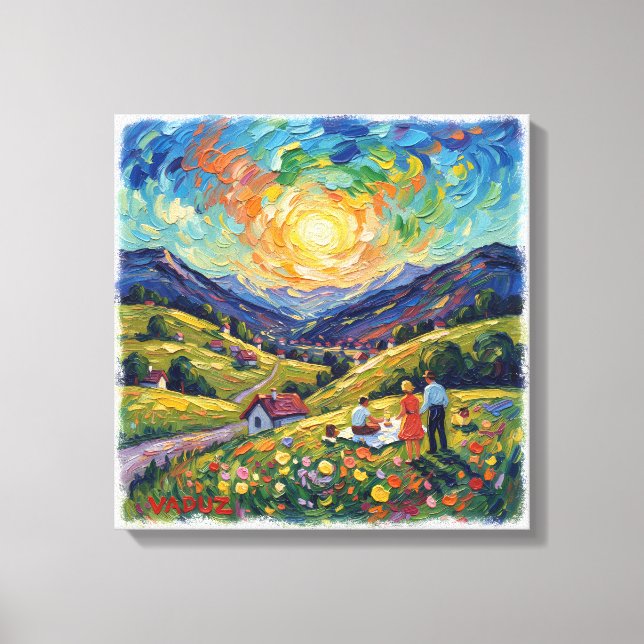 Sunlit Vaduz Alpine Meadow Landscape Canvas Art Leinwanddruck (Vorderseite)