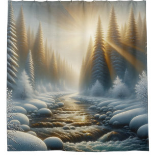 "Sunlit Winter River Scene" Duschvorhang