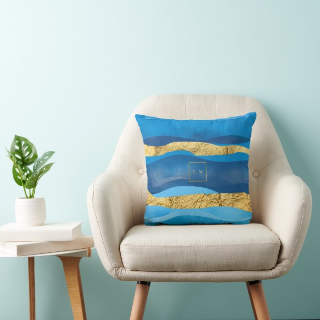 Sunny Azur Ocean Beach Waves Blue Gold Monogramme Kissen (Stuhl )