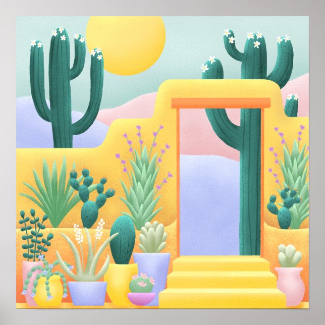 Sunny Cactus Garden Wüste Landschaft Illustration Poster (Vorne)