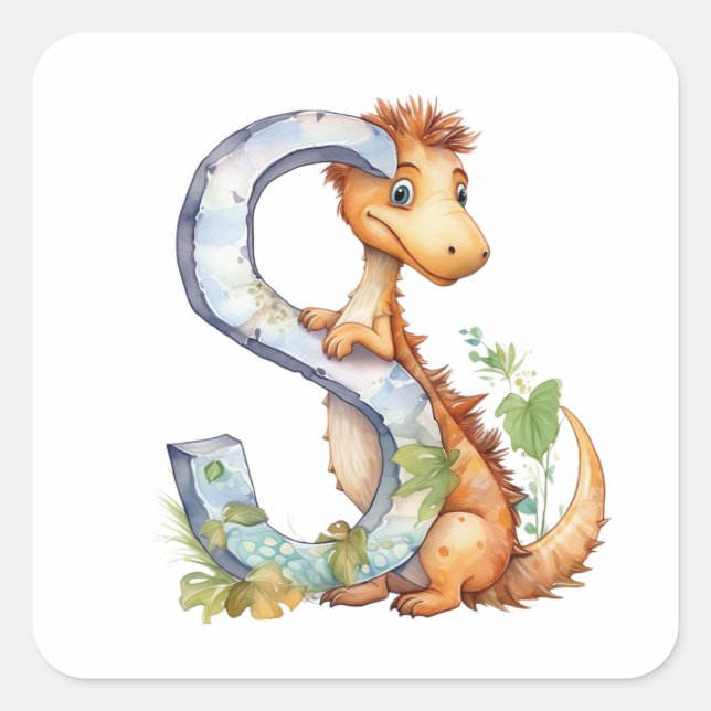 Sunny Dinosaur und der Buchstabe S Quadratischer Aufkleber (Vorderseite)