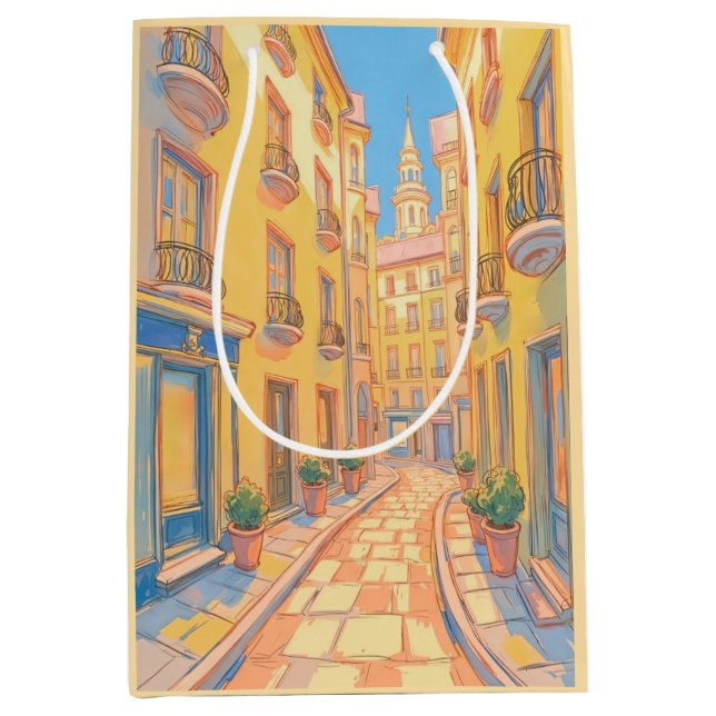 Sunny European Street Travel Art Geschenktasche Mittlere Geschenktüte (Vorderseite)