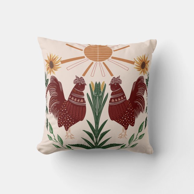 Sunny Folk Art Rooster Symmetrisches Design Kissen (Vorderseite)