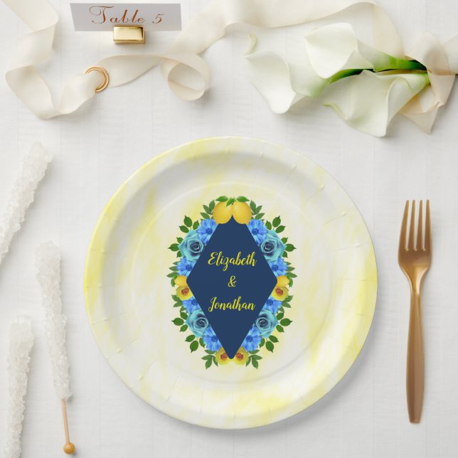 Sunny Lemon Floral Wedding Pappteller (Hochzeit)