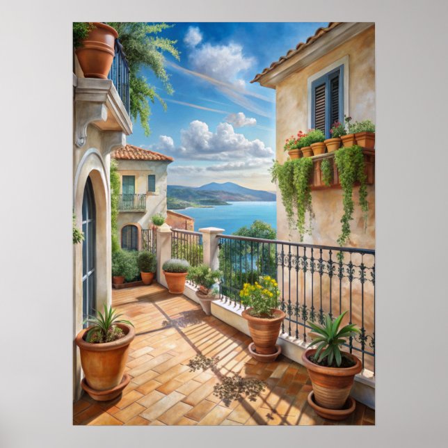 Sunny Mediterranean Balcony Sea View Art Poster (Vorne)