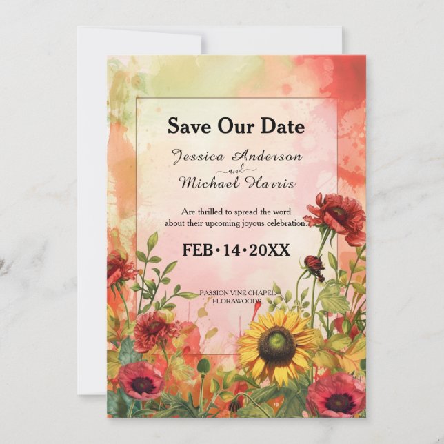 🌻 Sunny Petals & Scarlet Blooms Save The Date (Vorderseite)