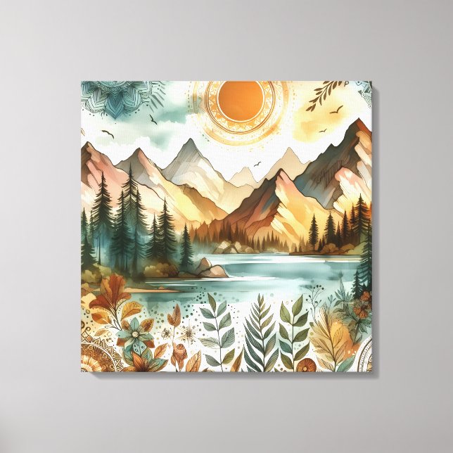 Sunny Rustic Boho Nature Pattern Mountain Lake Leinwanddruck (Vorderseite)