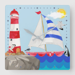 Sunny Sailing Ocean Adventure Sailboat Leuchtturm Quadratische Wanduhr