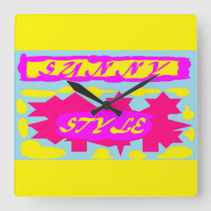SUNNY STIL TIEF PINK KANARYELLOW UND SKIBLAU QUADRATISCHE WANDUHR