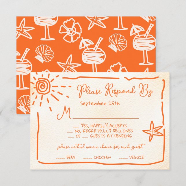 Sunny Tropical Hand gezeichnete Hochzeit RSVP Einladung (Vorne/Hinten)