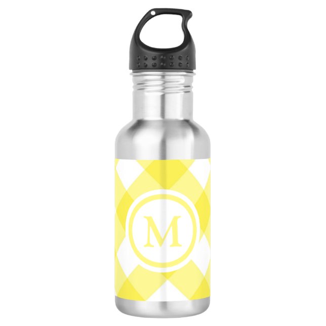 Sunny Yellow Gingham Monogram Edelstahlflasche (Vorderseite)