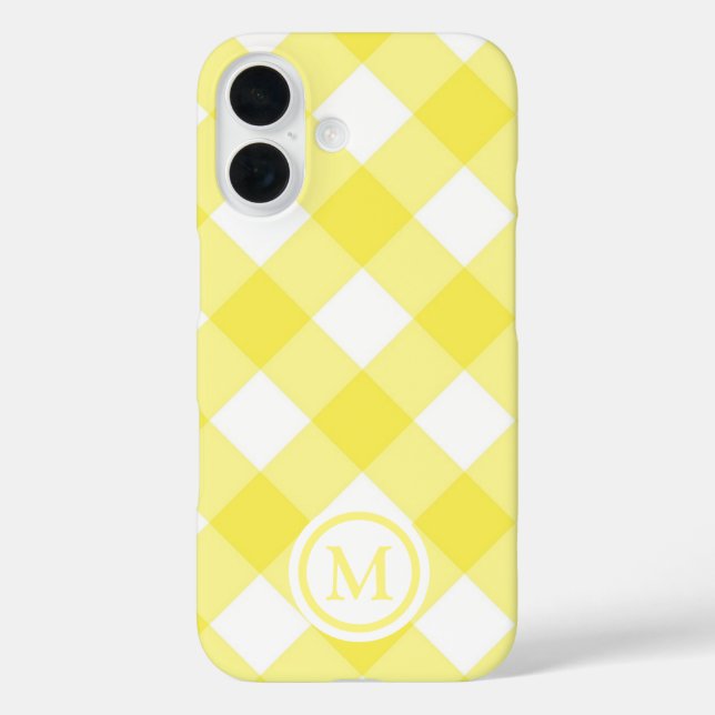 Sunny Yellow Gingham Monogram iPhone 16 Hülle (Rückseite)