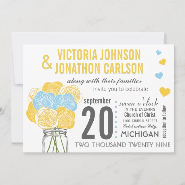 Sunny Yellow Sky Blue Floral Moderne Typografie Einladung (Vorderseite)