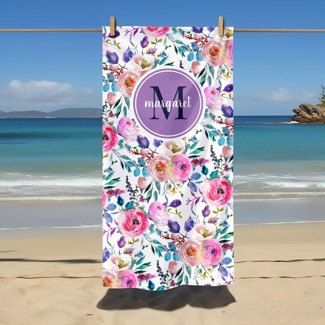 Sunrise Boho Floral Lila und weiß Monogramm Strandtuch (Von Creator hochgeladen)
