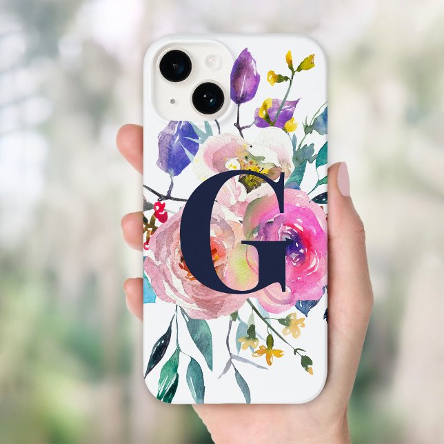 Sunrise Boho Floral Navy Monogramm Case-Mate iPhone 14 Hülle (Von Creator hochgeladen)