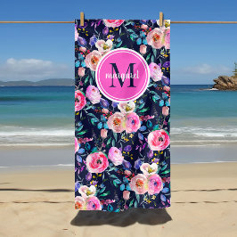 Sunrise Boho Floral Pink und Navy Monogram Strandtuch