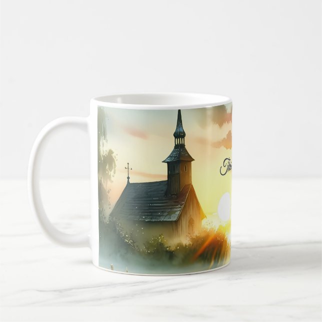Sunrise Church with Birds in Misty Meadow Kaffeetasse (Links)