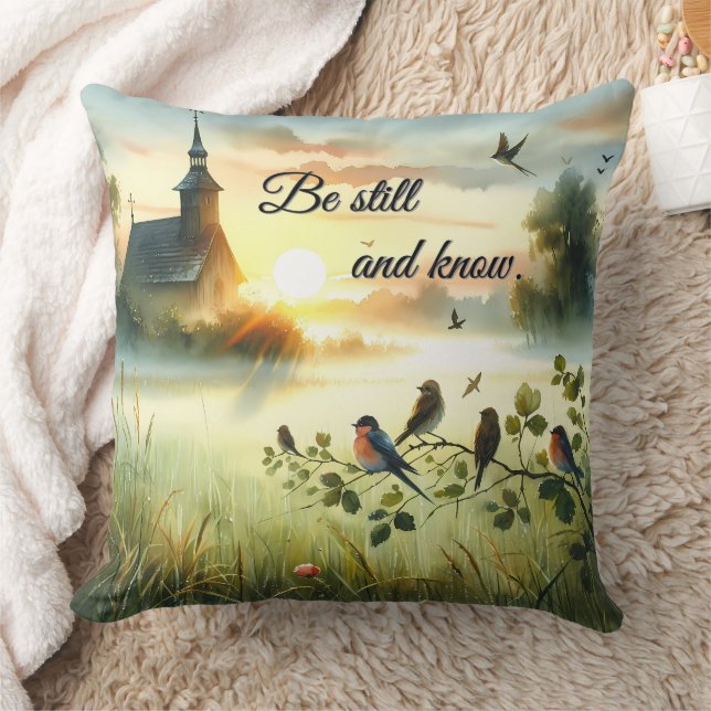 Sunrise Church with Birds in Misty Meadow Kissen (Decke)