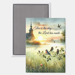 Sunrise Church with Birds in Misty Meadow Magnet